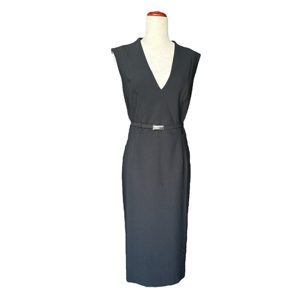 WHBM White House Black Market Black Fitted Pencil Belted Sheath Dress 12 NWOT - Picture 1 of 12